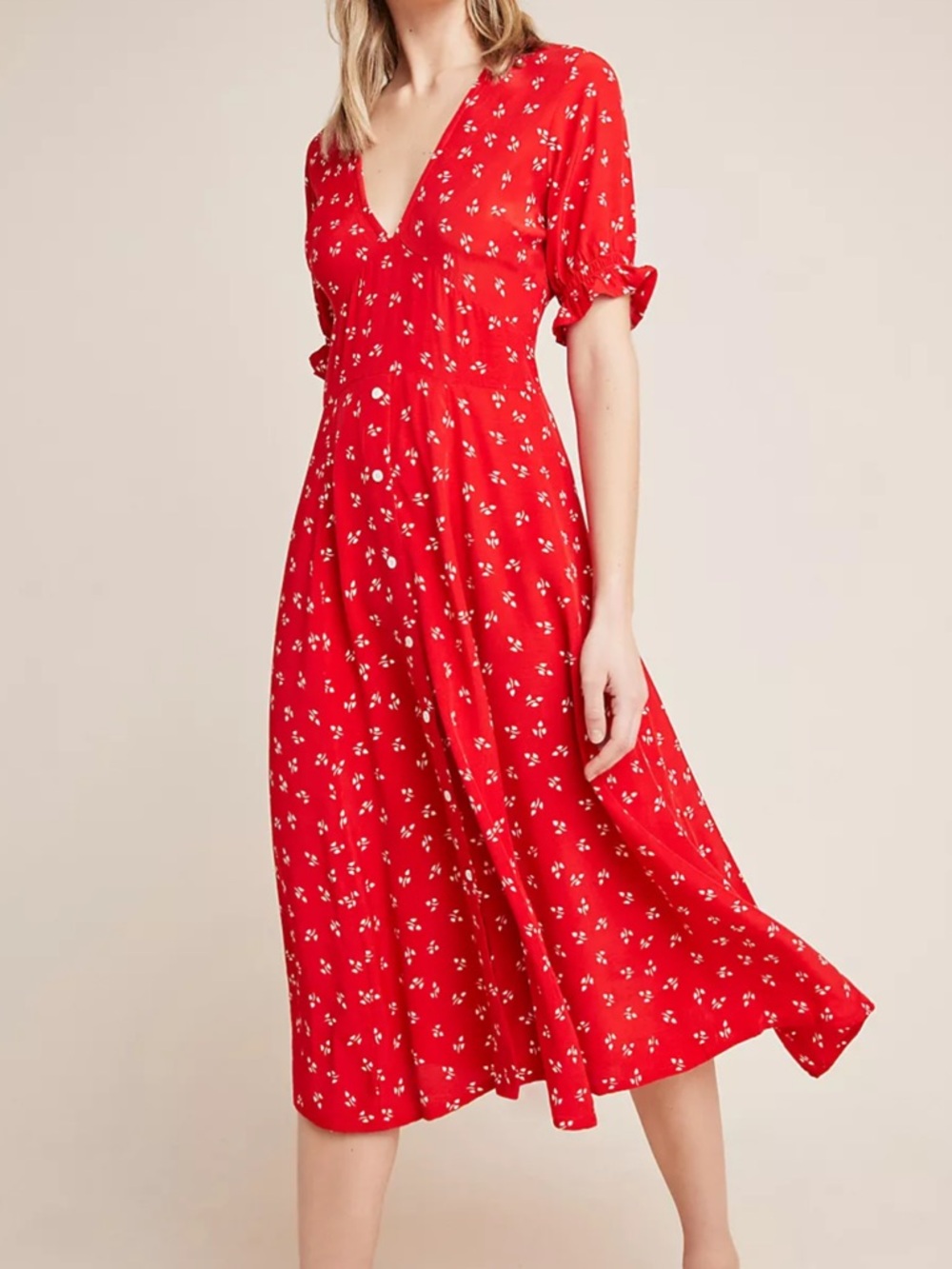 Faithfull Anthro womans Jeanne Red Floral V-Neck Midi Dress size L - Picture 1 of 4